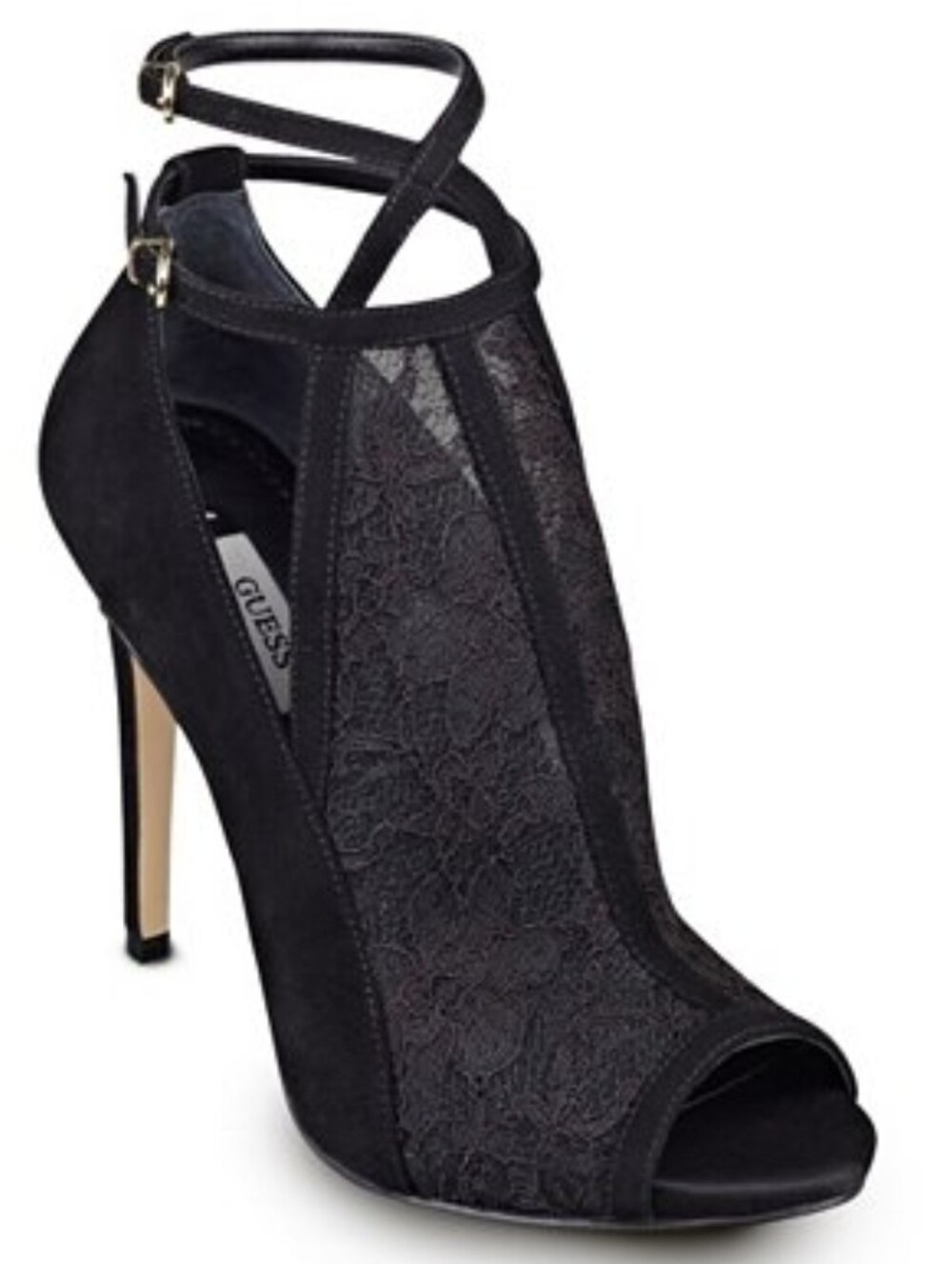 Guess Black Lace Peep-Toe Ankle-Strap Stiletto Heels
